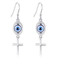 wholesale 925 Sterling Silver Blue Evil Eye Cross Dangle Drop Earrings for Women- Rhodium Plated
