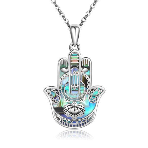 Sterling Silver Hamsa Hand Pendant Necklace with Abalone Shell-0