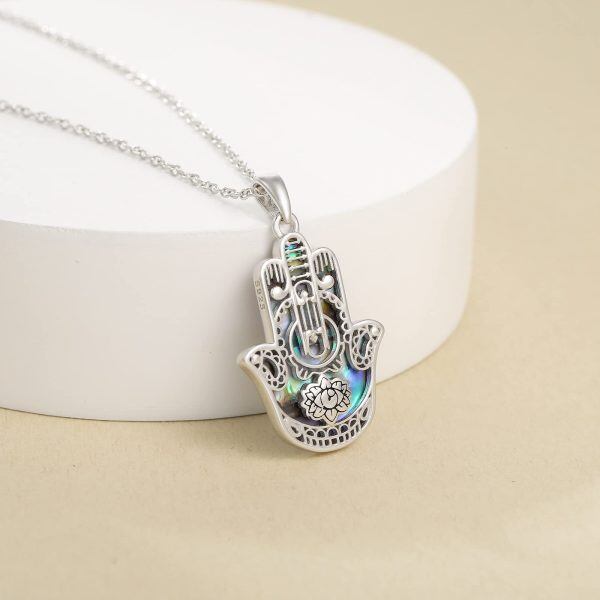 Sterling Silver Hamsa Hand Pendant Necklace with Abalone Shell-3