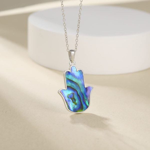 Sterling Silver Hamsa Hand Pendant Necklace with Abalone Shell-4