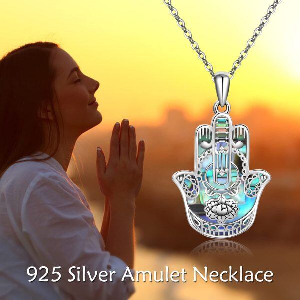 Sterling Silver Hamsa Hand Pendant Necklace with Abalone Shell-5