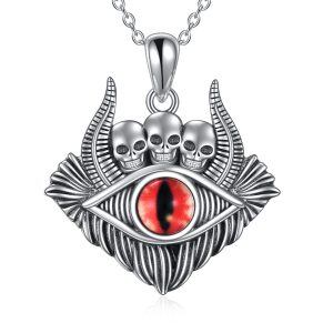 Sterling Silver Evil Eye Demon Skull Bullhorn Pendant Necklace-0