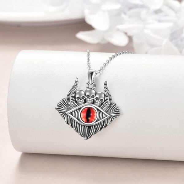 Sterling Silver Evil Eye Demon Skull Bullhorn Pendant Necklace-3