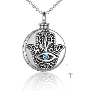 Sterling Silver Evil Eye Hamsa Hand Urn Necklace for Ashes-0