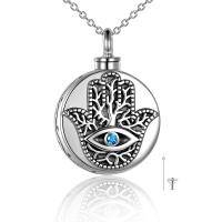 wholesale 925 Sterling Silver Hamsa Hand Tree of Life Pendant with Blue Crystal Eye Keepsake Urn Necklace for Ashes Cremation Jewelry- Oxidized/Oxidised