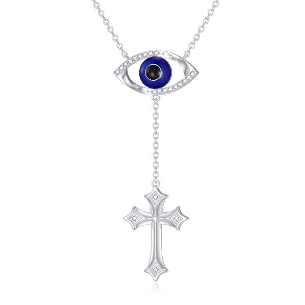 Sterling Silver Evil Eye Diamond Y Lariat Pendant-0