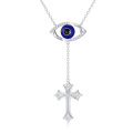 wholesale 925 Sterling Silver Blue Evil Eye CZ Cross Y-Lariat Pendant Protection Necklace-0-0