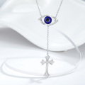 wholesale 925 Sterling Silver Blue Evil Eye CZ Cross Y-Lariat Pendant Protection Necklace-0-3