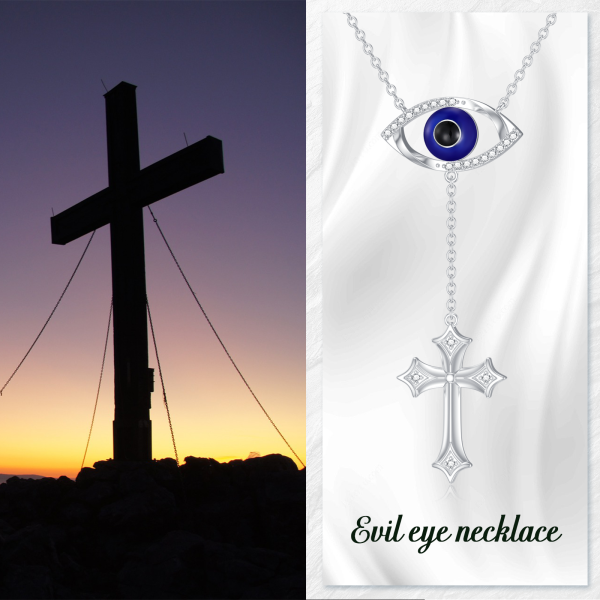 Sterling Silver Evil Eye Diamond Y Lariat Pendant-5