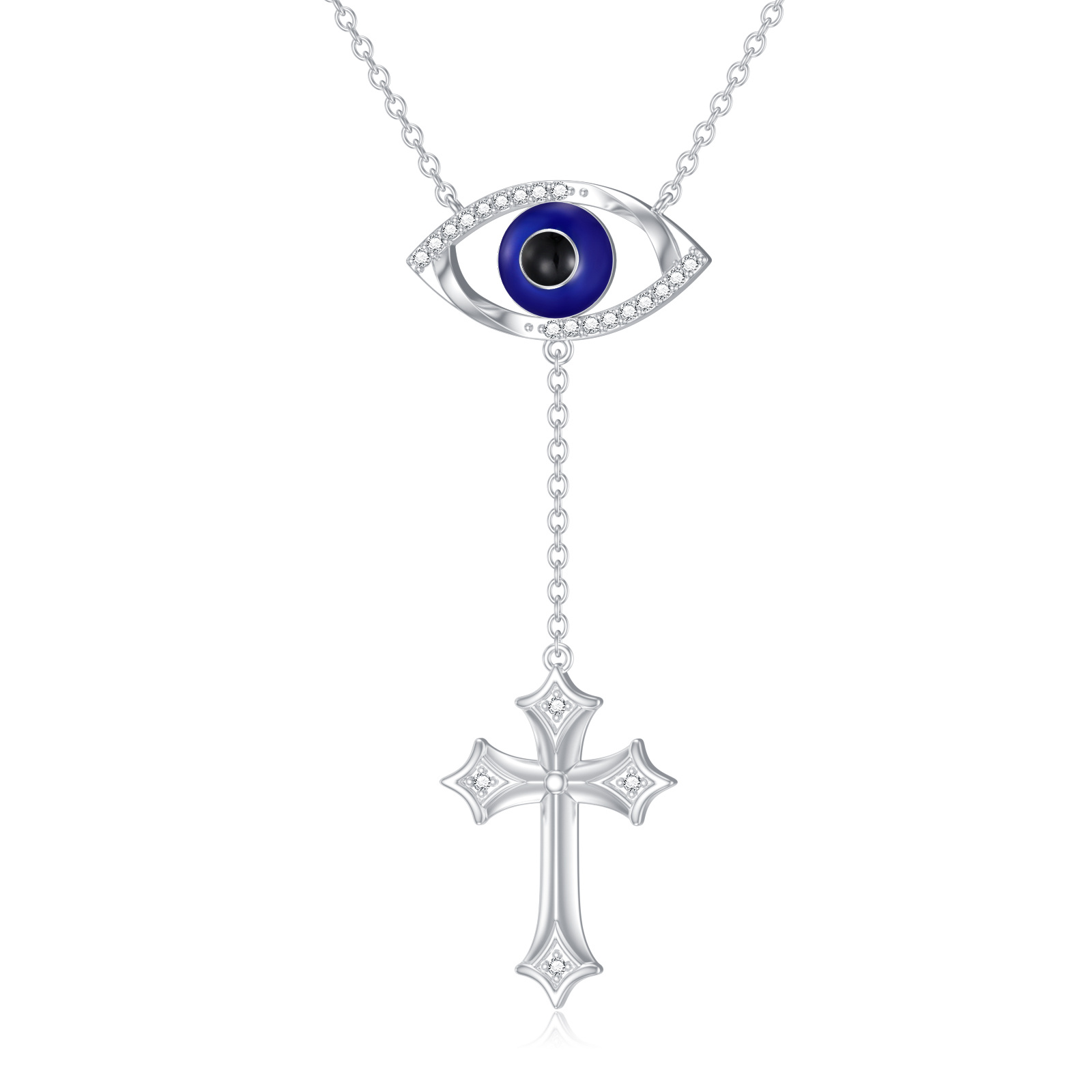 Sterling Silver Evil Eye Diamond Cross Y Lariat Pendant Turkish Greek Protection Necklace - Rhodium Plated- Rhodium Plated