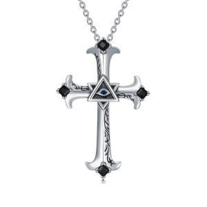 Sterling Silver Evil Eye Cross Pendant Necklace with Black Crystal-0