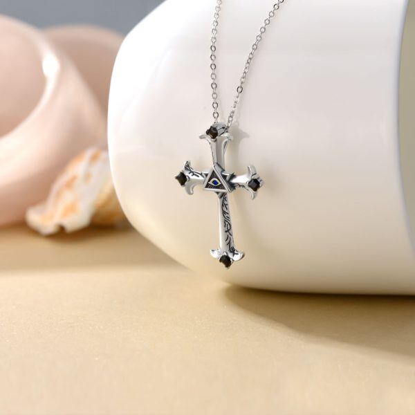 Sterling Silver Evil Eye Cross Pendant Necklace with Black Crystal-3