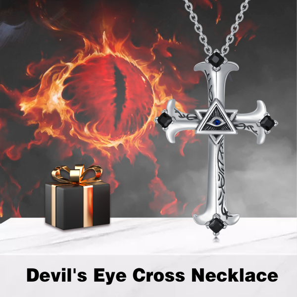 Sterling Silver Evil Eye Cross Pendant Necklace with Black Crystal-5