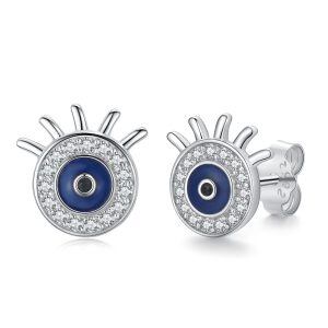 Sterling Silver Round Evil Eye Stud Earrings-0