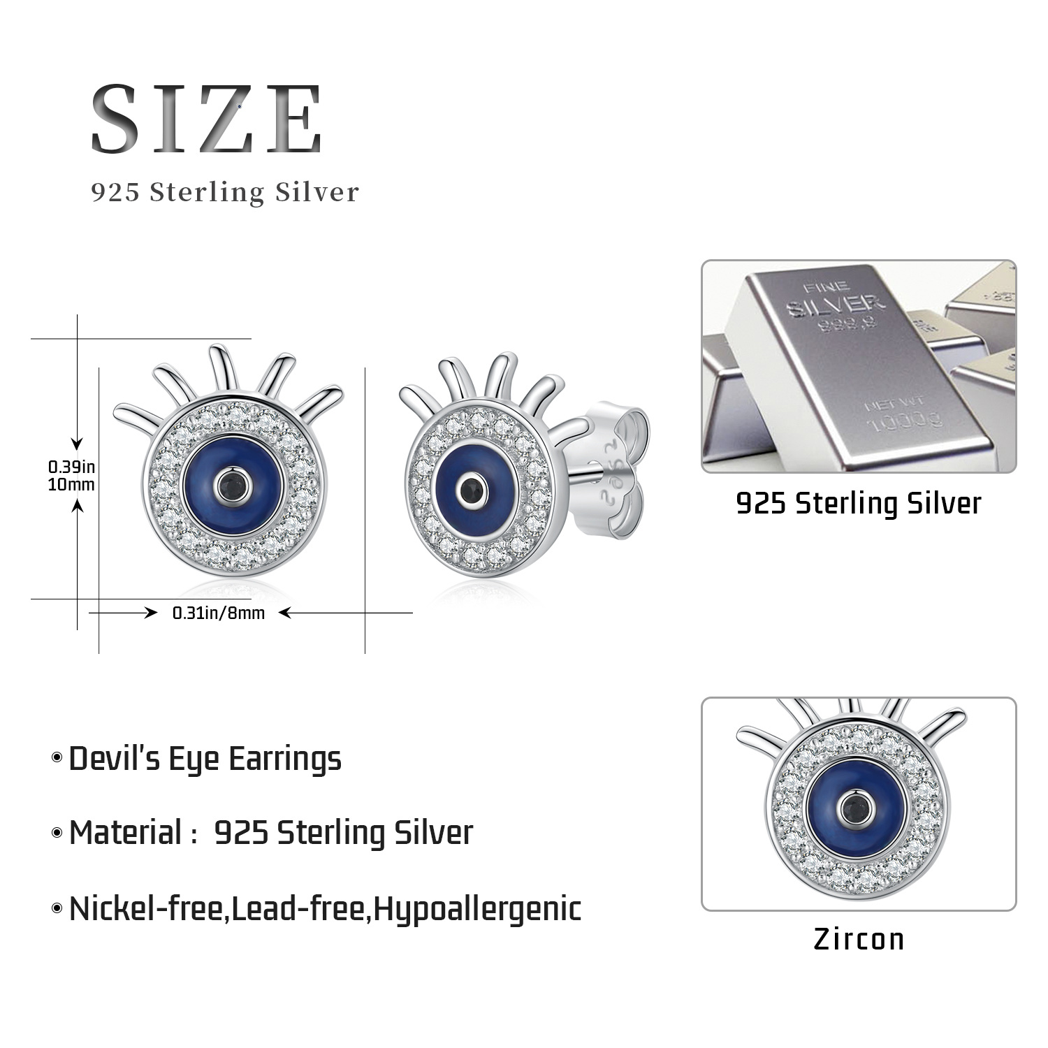 wholesale 925 Sterling Silver Blue Evil Eye CZ Stud Earrings for Women-0-1