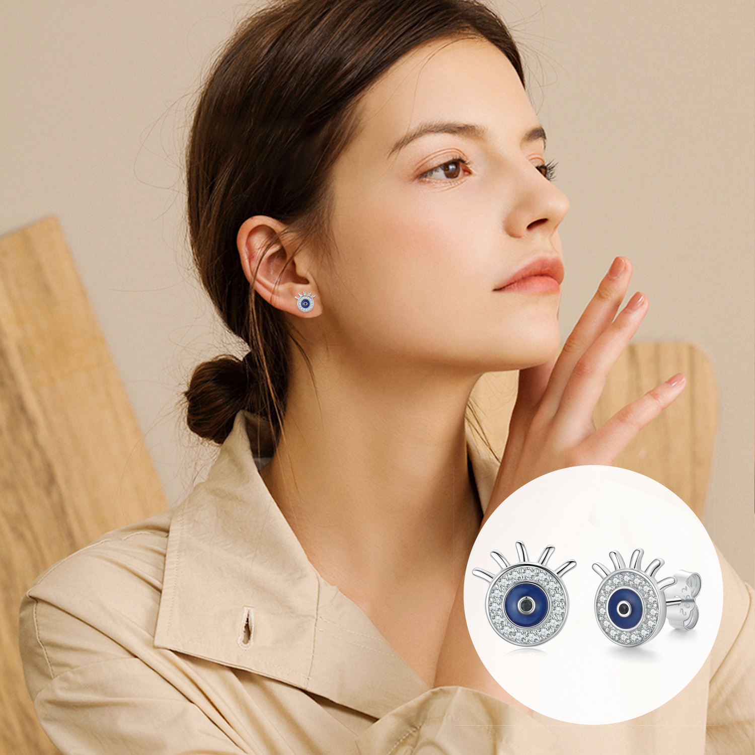 wholesale 925 Sterling Silver Blue Evil Eye CZ Stud Earrings for Women-0-2
