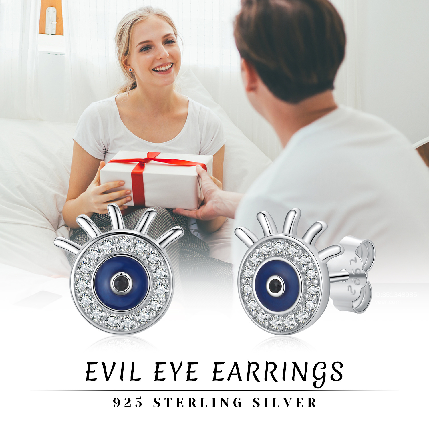 wholesale 925 Sterling Silver Blue Evil Eye CZ Stud Earrings for Women-0-5
