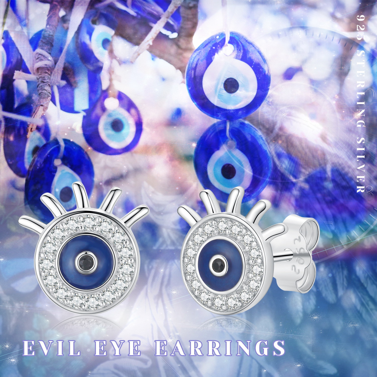 wholesale 925 Sterling Silver Blue Evil Eye CZ Stud Earrings for Women-0-6