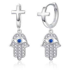 Sterling Silver Evil Eye Cross Dangle Earrings-0