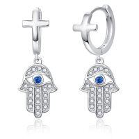 wholesale 925 Sterling Silver Hamsa Hand CZ Evil Eye Cross Dangle Earrings for Women Spiritual Protection Jewelry- Rhodium Plated