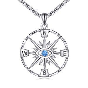 Sterling Silver Compass Evil Eye Pendant Necklace-0