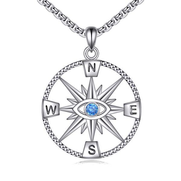 Sterling Silver Compass Evil Eye Pendant Necklace-0