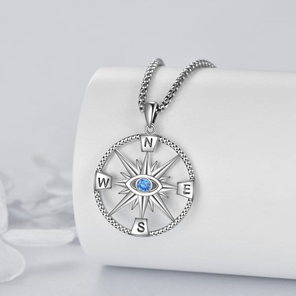 Sterling Silver Compass Evil Eye Pendant Necklace-3