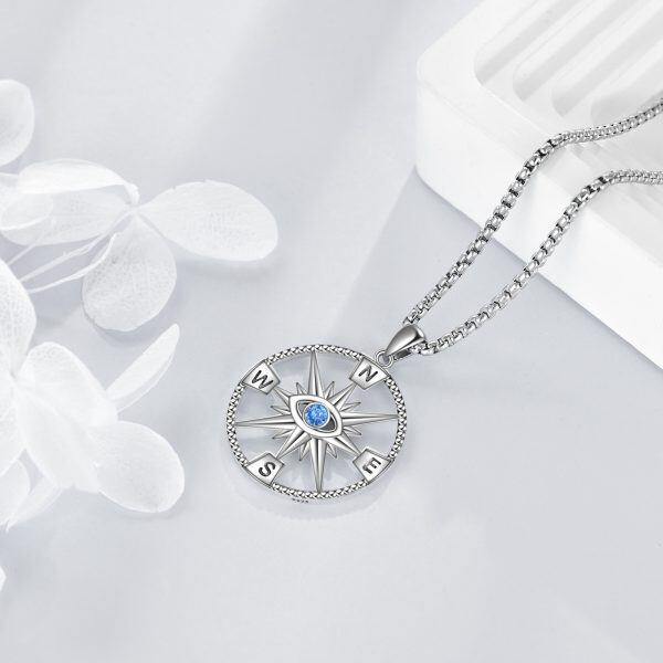 Sterling Silver Compass Evil Eye Pendant Necklace-4