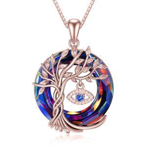 Sterling Silver Evil Eye & Tree of Life Pendant Necklace with Crystal Circle-0