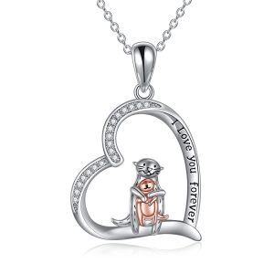 Sterling Silver Sea Otter Heart Pendant Necklace for Mom-0