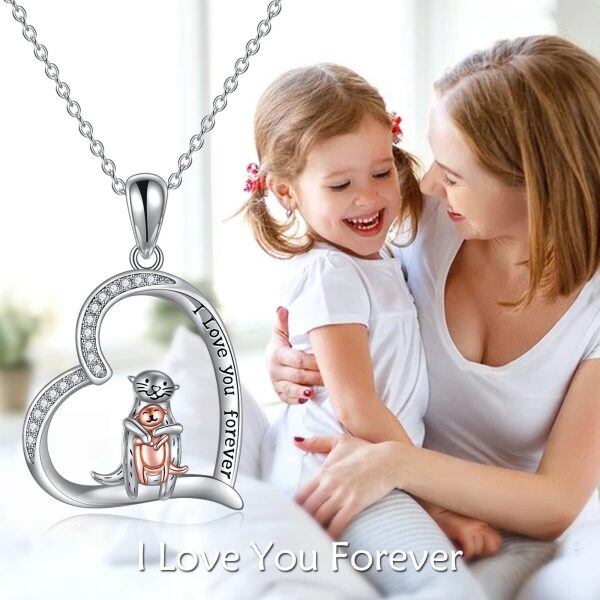 Sterling Silver Sea Otter Heart Pendant Necklace for Mom-5