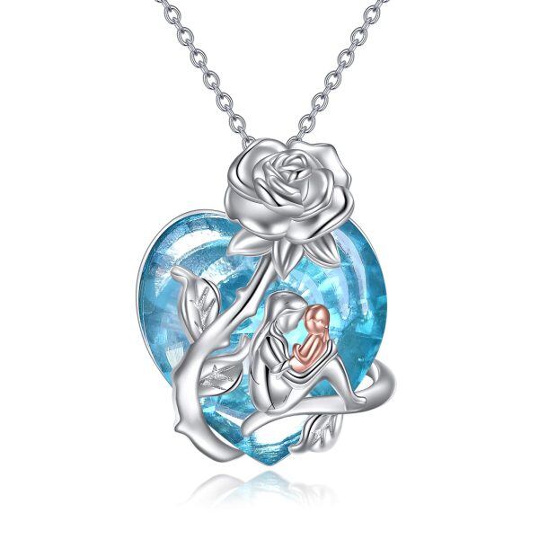 Sterling Silver Rose Flower Mom Child Pendant Necklace with Blue Heart Crystal-0