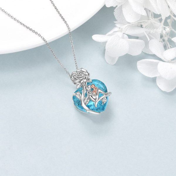 Sterling Silver Rose Flower Mom Child Pendant Necklace with Blue Heart Crystal-3