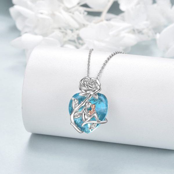 Sterling Silver Rose Flower Mom Child Pendant Necklace with Blue Heart Crystal-4