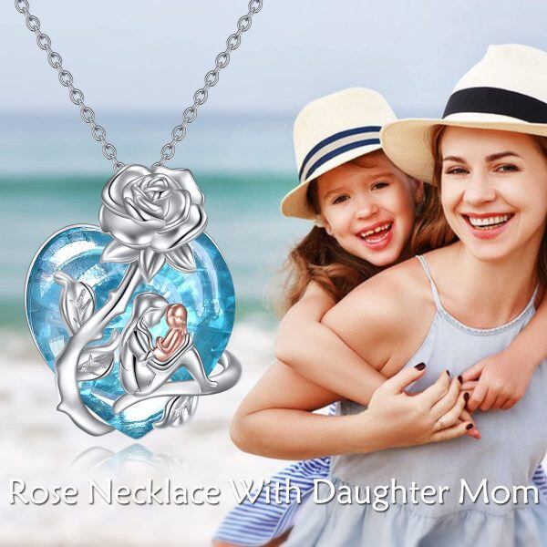 Sterling Silver Rose Flower Mom Child Pendant Necklace with Blue Heart Crystal-5