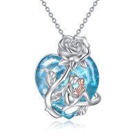 wholesale 925 Sterling Silver Heart-Shaped Blue Crystal Pendant with Rose and Mother-Daughter Figure Necklaces - 18+2 Chain- Rhodium And Rose Gold Plated