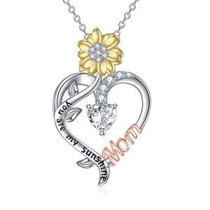 Sterling Silver Sunflower Heart Pendant Necklace for Mom-0