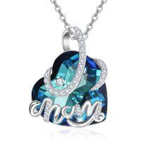wholesale 925 Sterling Silver Blue Crystal Heart Mom Pendant Necklace - Mother's Day Gift- Rhodium Plated