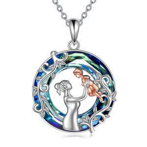 Sterling Silver Mom Child Pendant Necklace with Blue Crystal Circle-0