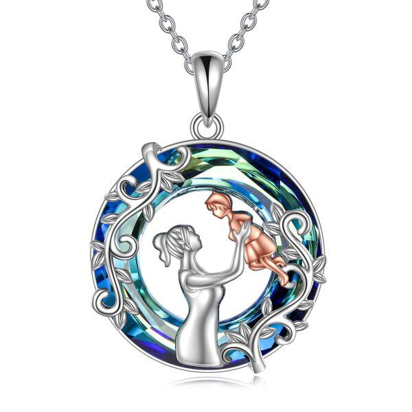 Sterling Silver Mom Child Pendant Necklace with Blue Crystal Circle-0