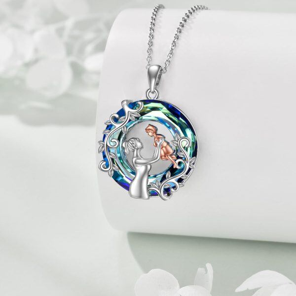 Sterling Silver Mom Child Pendant Necklace with Blue Crystal Circle-3