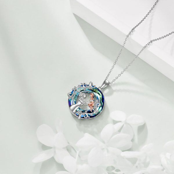 Sterling Silver Mom Child Pendant Necklace with Blue Crystal Circle-4