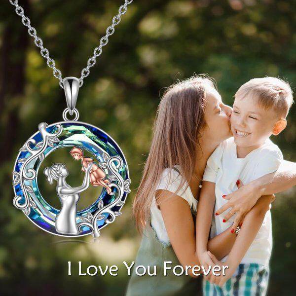 Sterling Silver Mom Child Pendant Necklace with Blue Crystal Circle-5