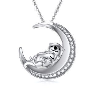 Sterling Silver Otter Mom and Child Pendant Necklace for Mom-0