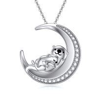 wholesale 925 Sterling Silver Moon & Otters Family Necklace and Earring Set for Women Girls - Rhodium Plated