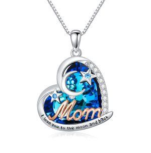 Sterling Silver Blue Crystal Pendant Necklace with Moon Star for Mom-0