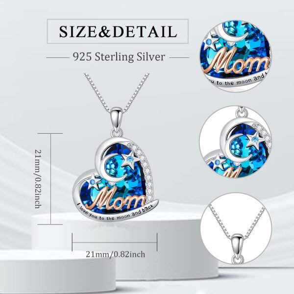 Sterling Silver Blue Crystal Pendant Necklace with Moon Star for Mom-1