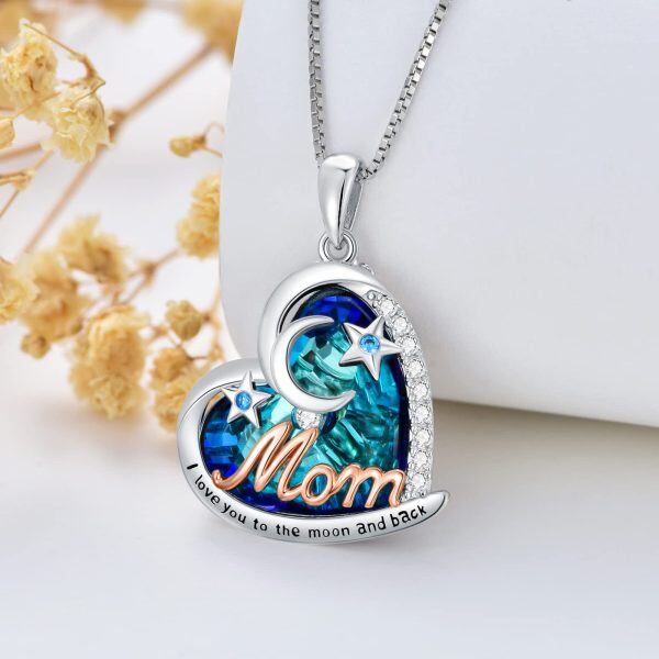 Sterling Silver Blue Crystal Pendant Necklace with Moon Star for Mom-3