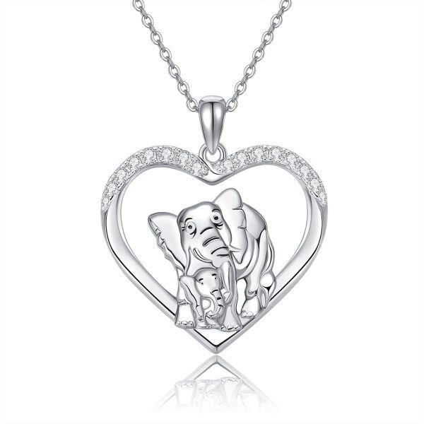 Sterling Silver Elephant Mom Child Heart Pendant Necklace-0