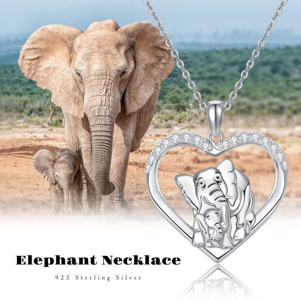 Sterling Silver Elephant Mom Child Heart Pendant Necklace-5